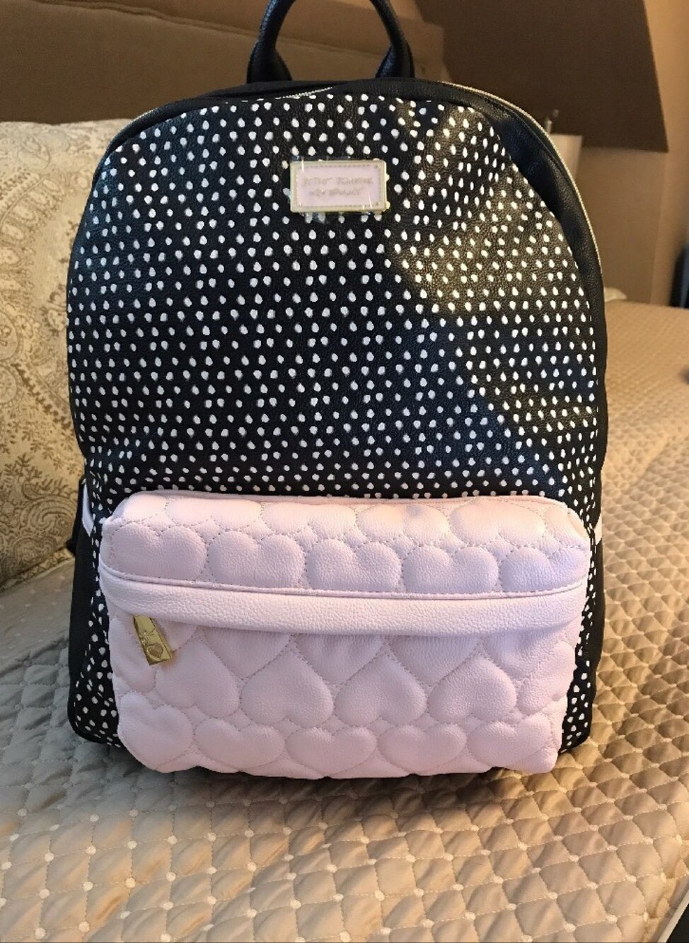 Betsey Johnson Backpack Pink Black DOTS Quilted Hearts Festival Travel Bag - Picture 1 of 16